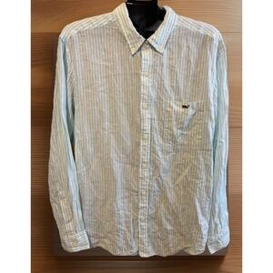 Vineyard Vines Mens XL Aqua Stripe Button  Up Shirt Linen Cotton Beach Wedding